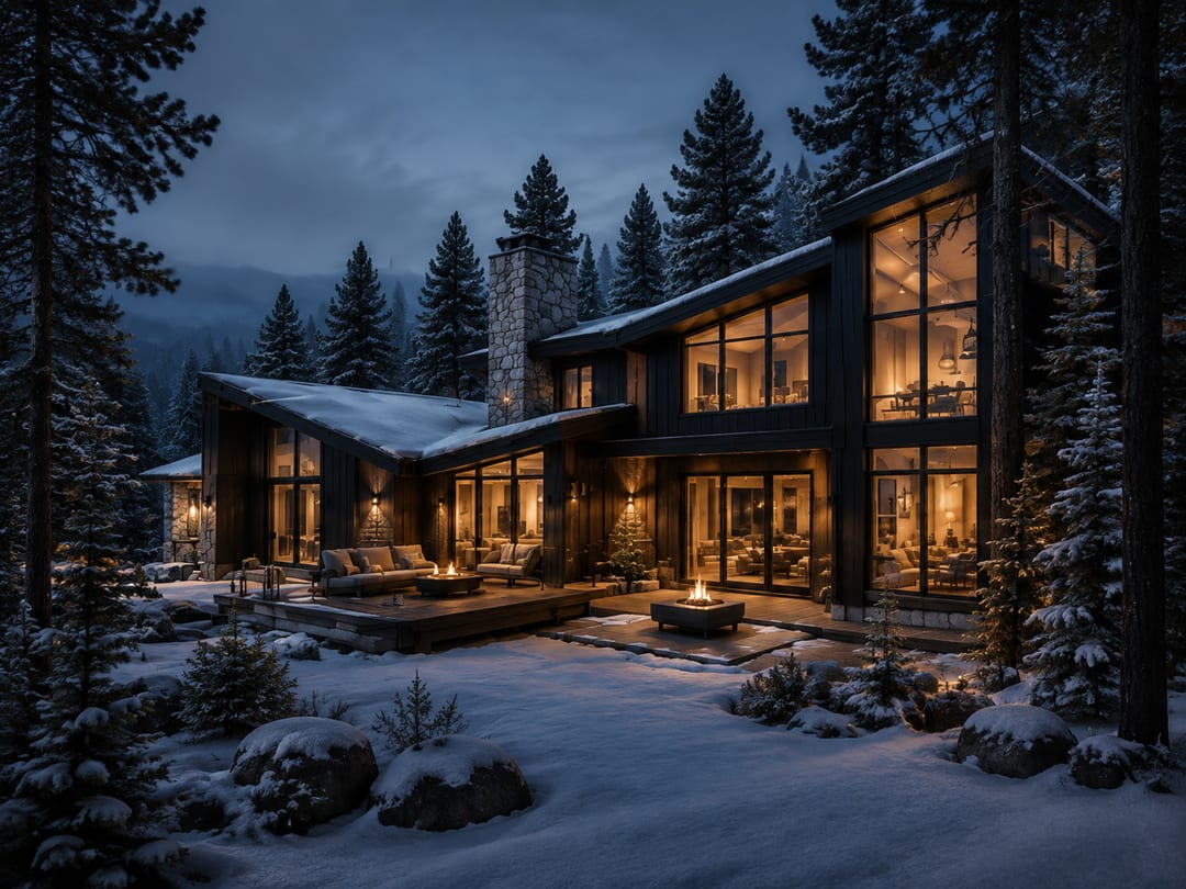 Alpine Modernism expression: charcoal slate, cedar and pine green in mountain light