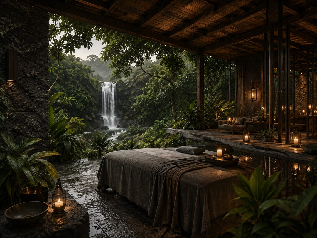 Jungle Modernism expression: lava stone, teak and jungle green in rainforest light