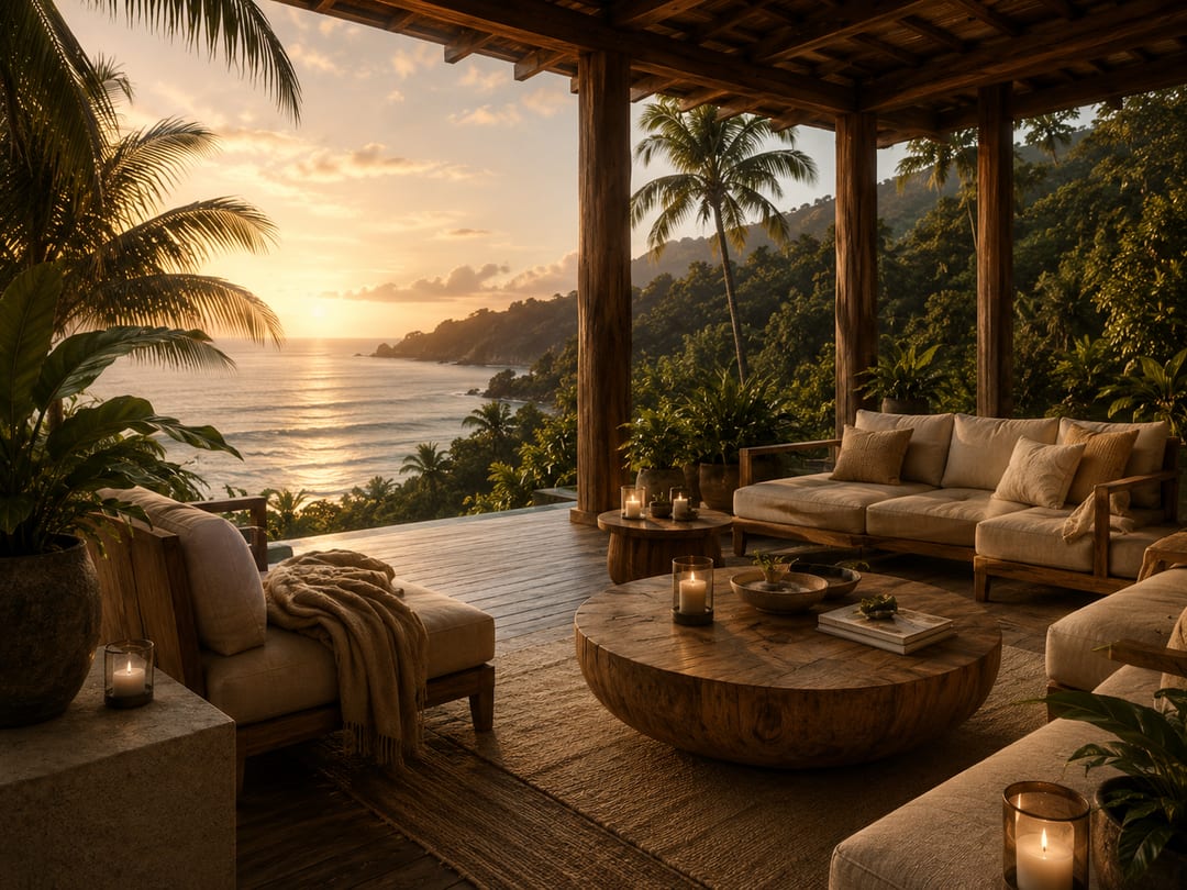 Pacific Sanctuary expression: limestone, teak and linen in coastal light