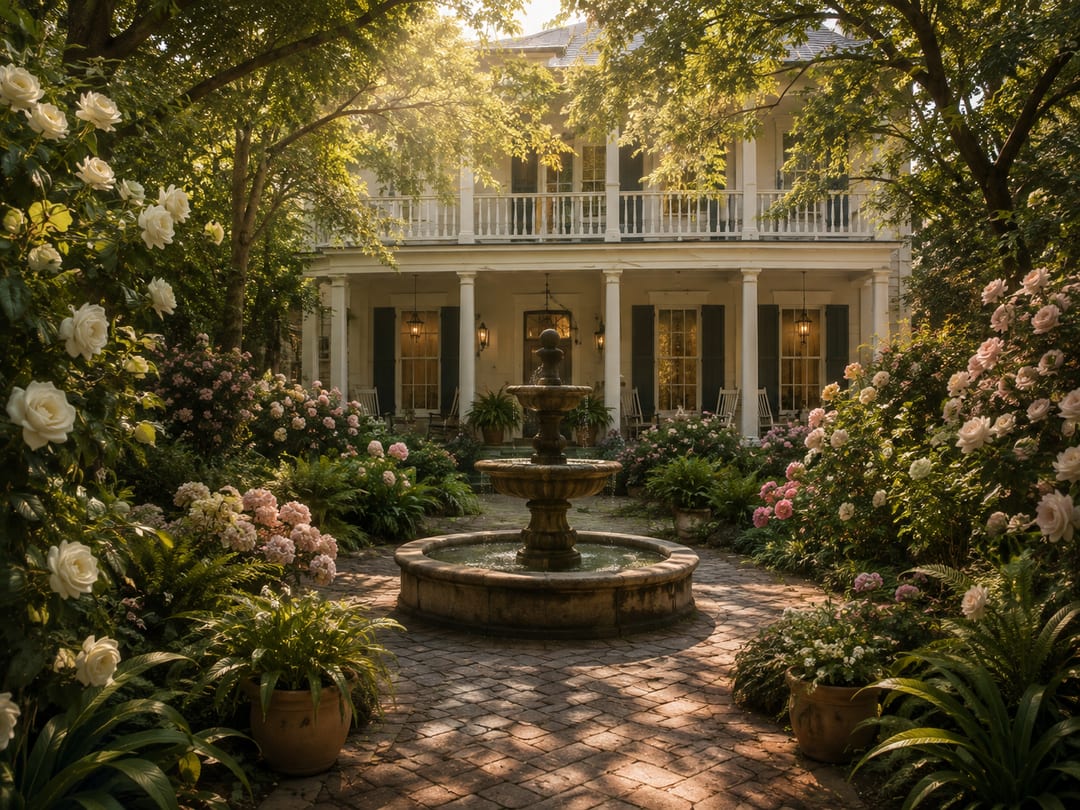 Southern Garden expression: warm ivory, sage and aged brass in a garden setting