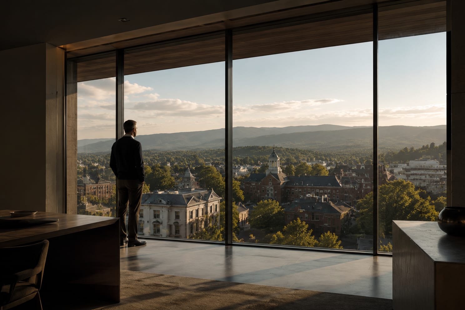 A figure looking out over a town from above