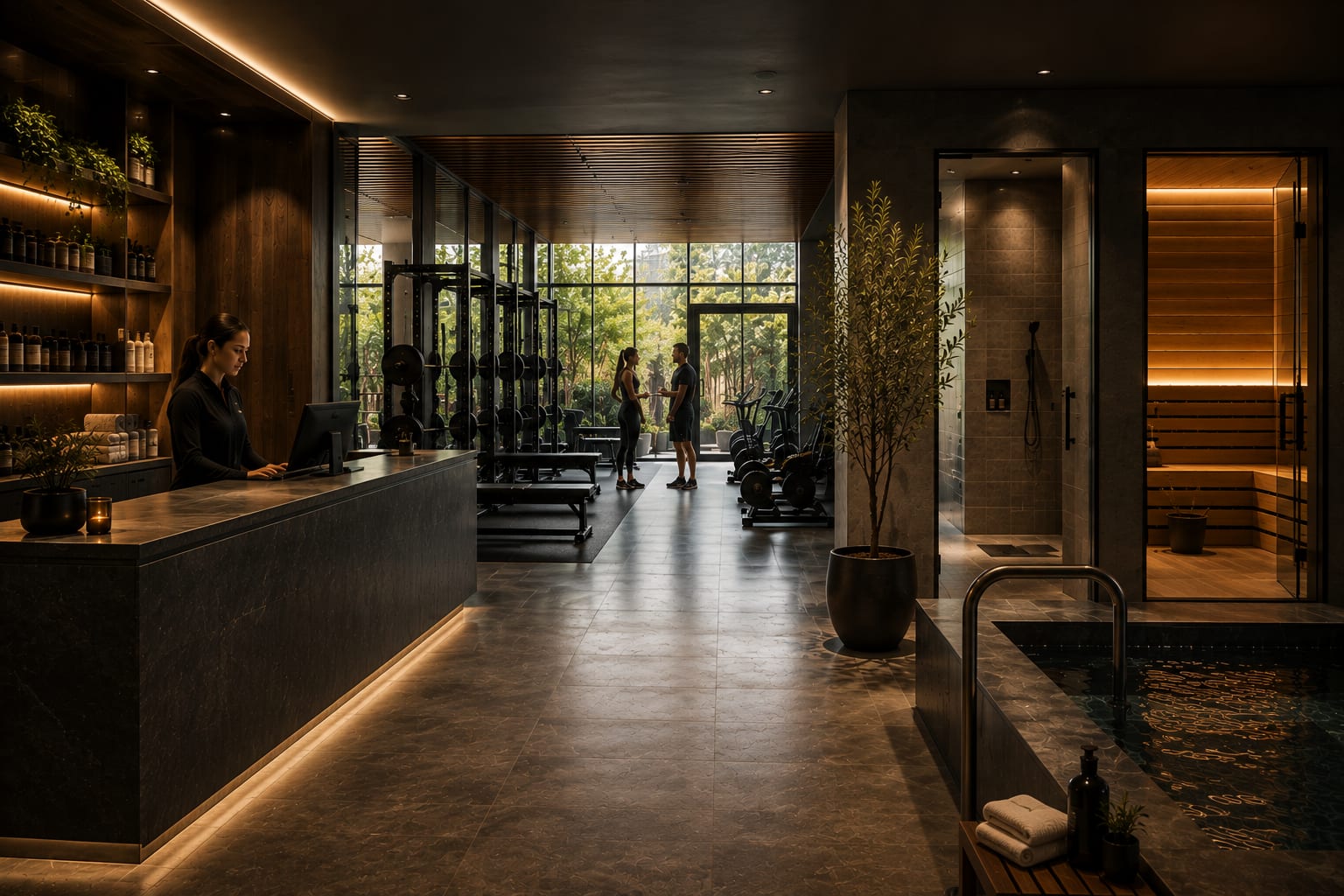 A wellness and fitness reception desk opening onto a gym floor, sauna and cold-plunge pool