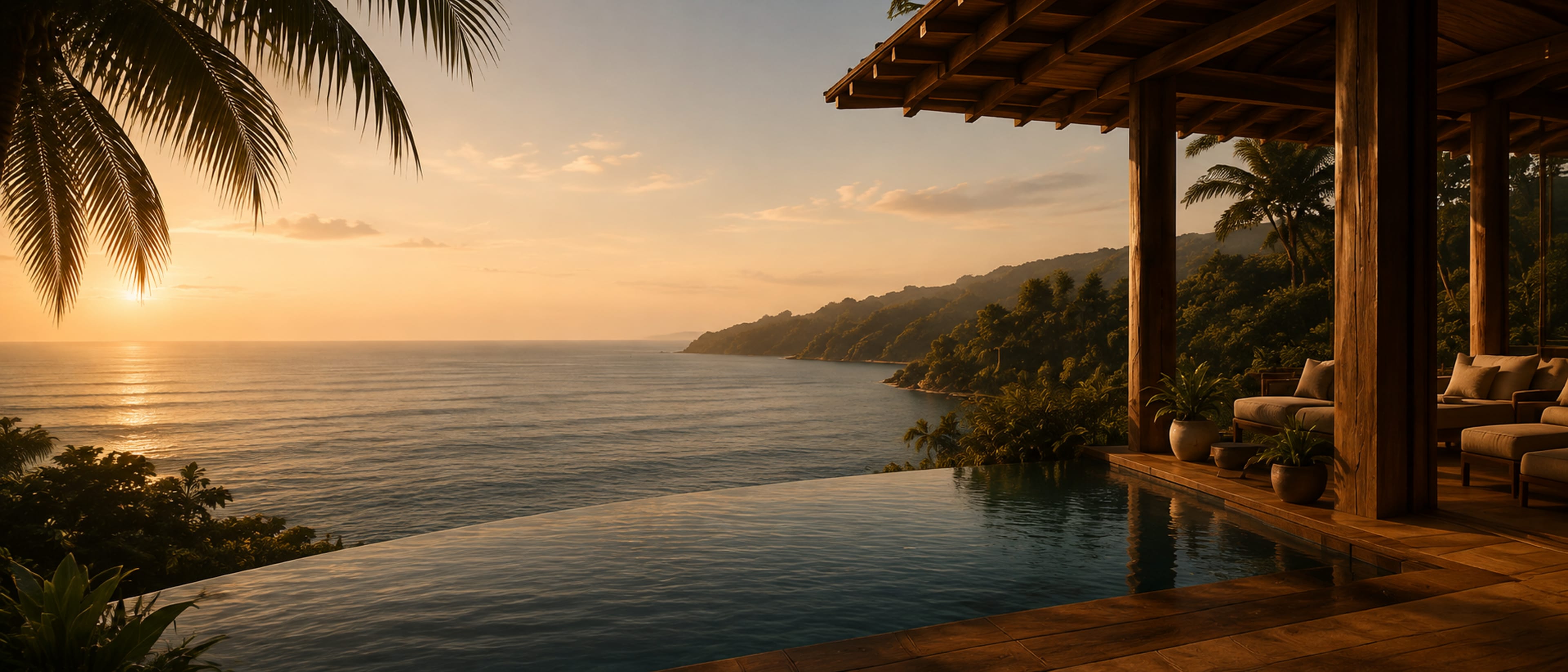 A sunset view from a teak pavilion over an infinity pool to the open ocean and a forested coastline